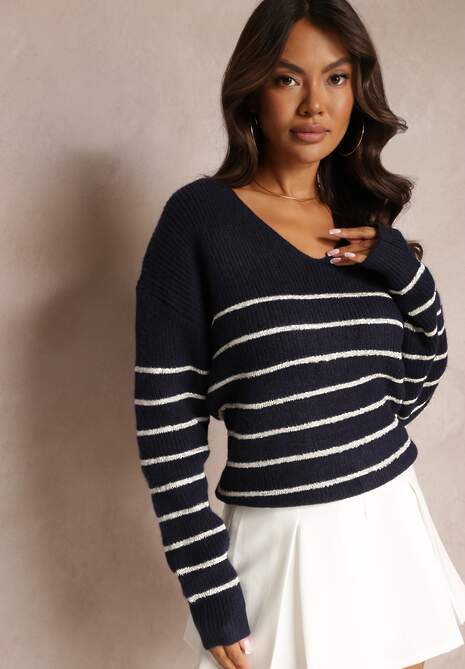 Granatowy Sweter w Paski z Trójkątnym Dekoltem Ozdobiony Cekinami Avaninder
