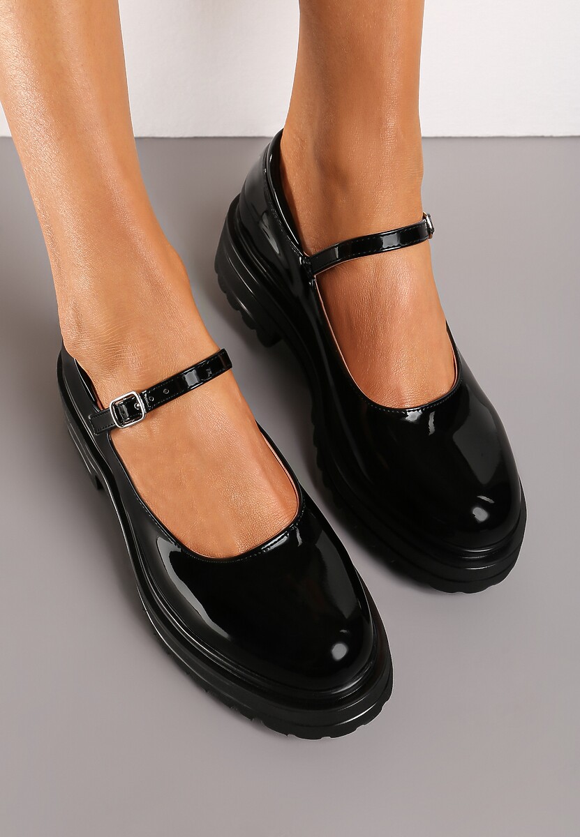 Czarne Półbuty o Lakierowanym Połysku na Platformie ze Sprzączką Ledianma