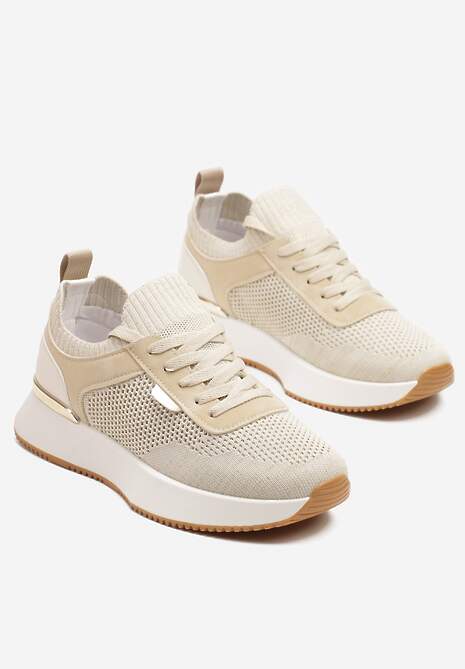 Beżowe Sneakersy z Siateczkową Cholewką Saramis