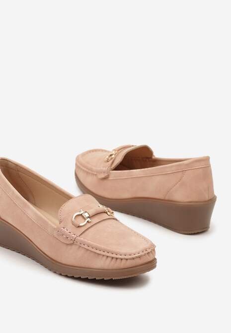Różowe Półbuty Mokasyny na Koturnie z Metaliczną Ozdobą Dalisha