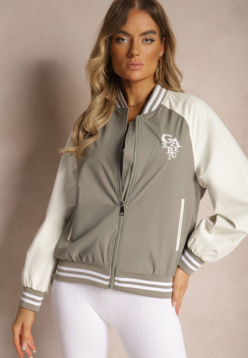 Zielona Kurtka w Stylu Bomberki Ozdobiona Paskami i Napisem Evislas