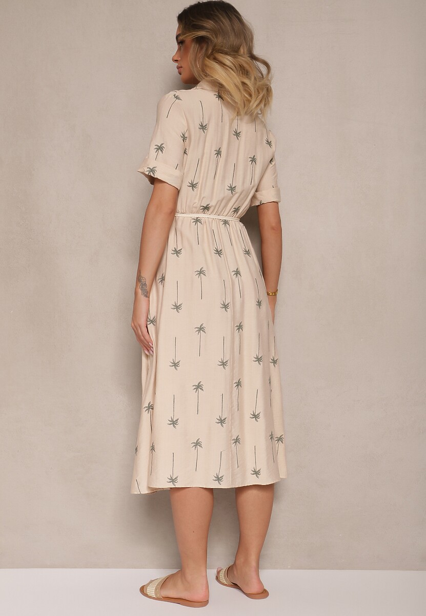 Beżowa Koszulowa Sukienka z Wiskozy o Rozkloszowanym Kroju z Wiązaniem Liselithra