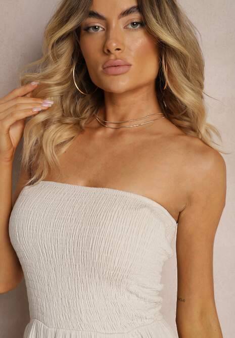 Beżowy Kombinezon z Bawełny z Długimi Nogawkami Ozdobiony Marszczoną Górą Moraena