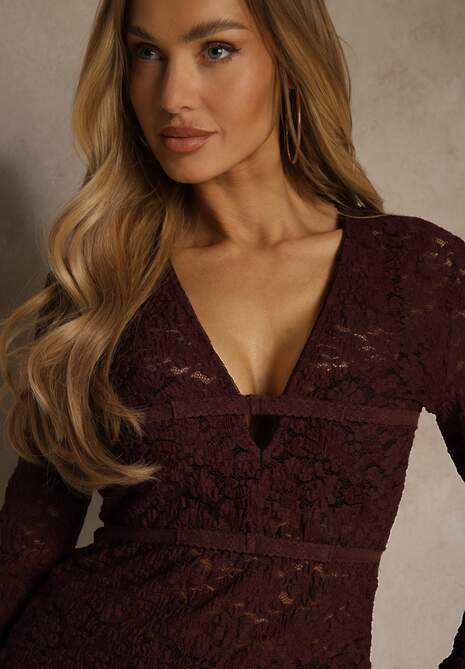 Bordowa Bluzka Longsleeve z Koronki z Dekoltem w Kształcie Litery V Lerafera