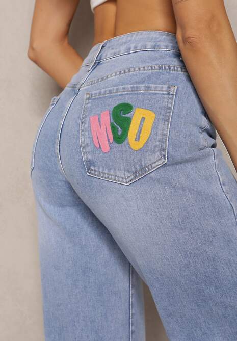 Niebieskie Szerokie Jeansy z Bawełny Ozdobione Haftami Hiame