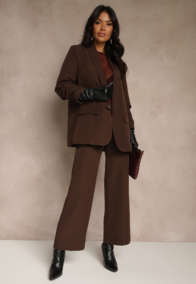 Brązowa Pudełkowa Marynarka Bez Zapięć z Wiskozą z Marszczonymi Rękawami Fenidia