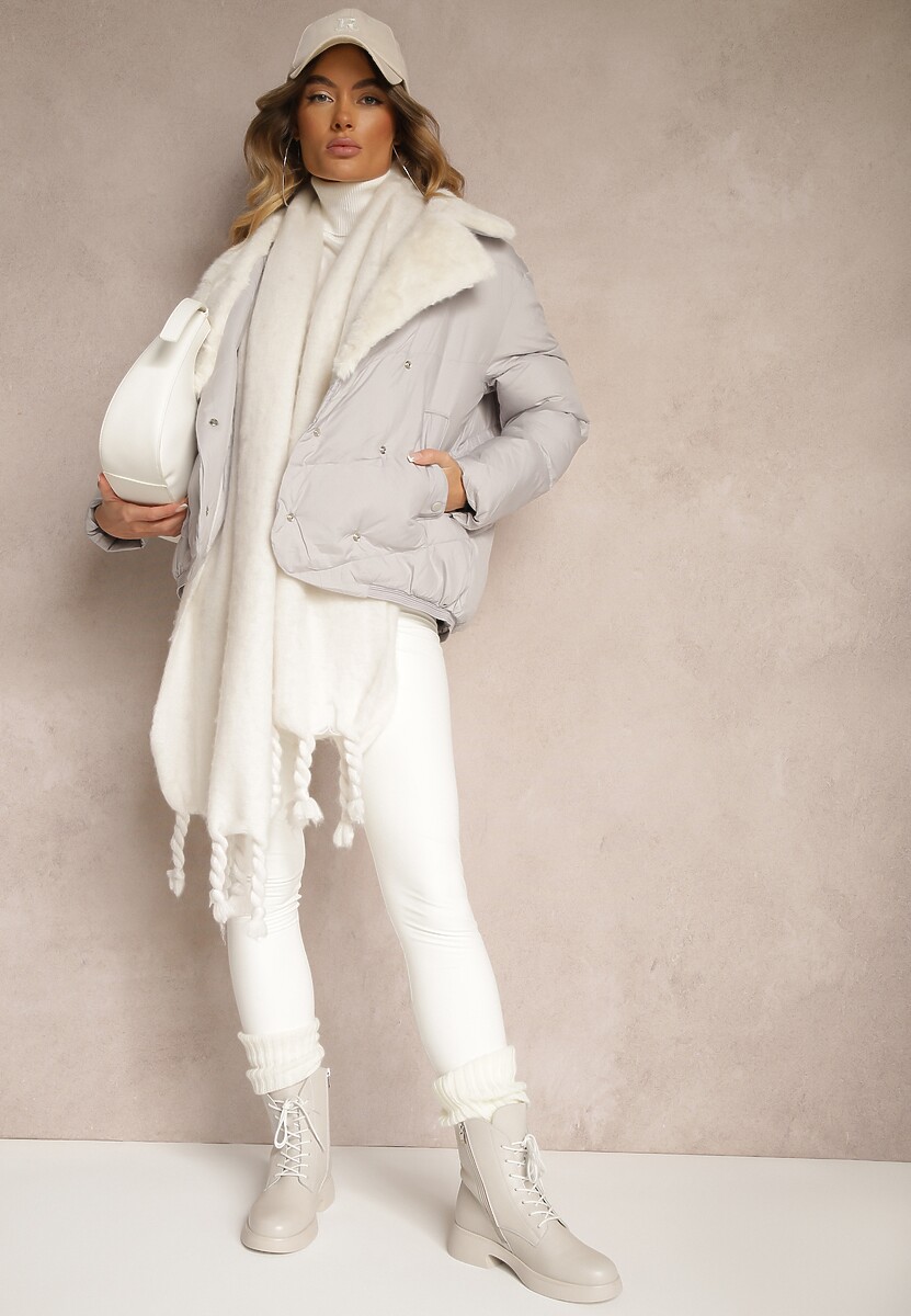 Szara Kurtka Ozdobiona Pikowaniem Kołnierzem z Futerkiem i Napami Deolina