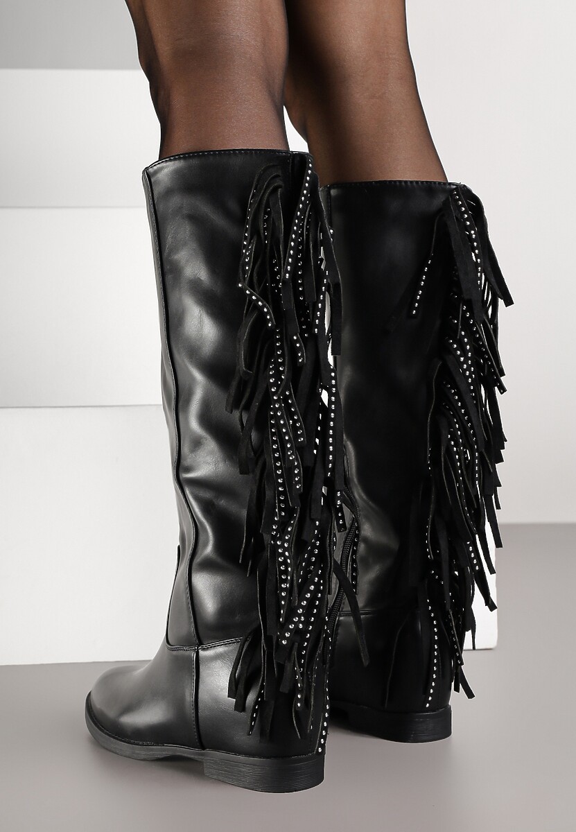 Czarne Płaskie Kozaki z Frędzlami w Stylu Kowbojek Volpe