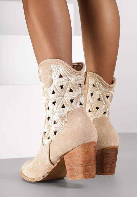 Ciemnobeżowe Botki Kowbojki Vices na Słupku z Geometrycznym Motywem Sarori
