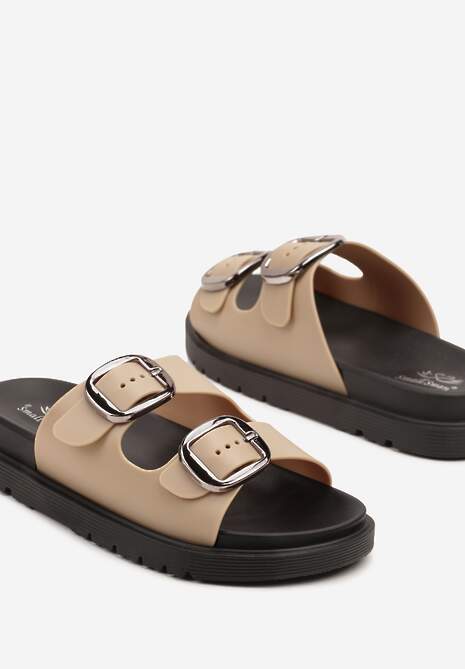 Ciemnobeżowe Klapki Ozdobione Klamrami Nusarria