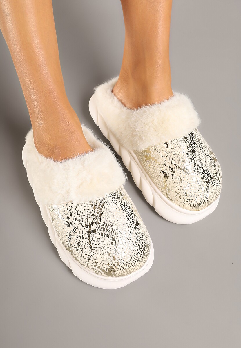 Złote Kapcie Vices na Piankowej Podeszwie Zdobione Futrem Eleadraea