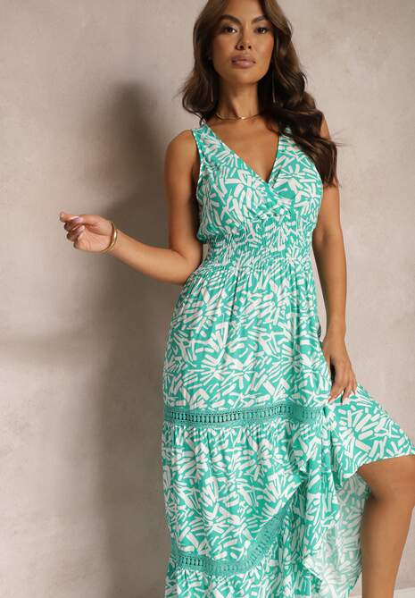 Zielona Taliowana Sukienka z Bawełny na Ramiączkach z Gumką w Pasie Yalnena