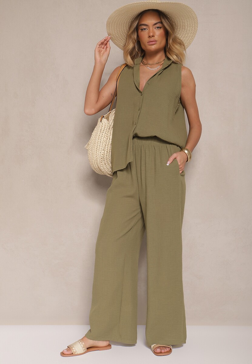 Ciemnozielony Komplet Koszula na Guziki bez Rękawów i Szerokie Spodnie Telaritia