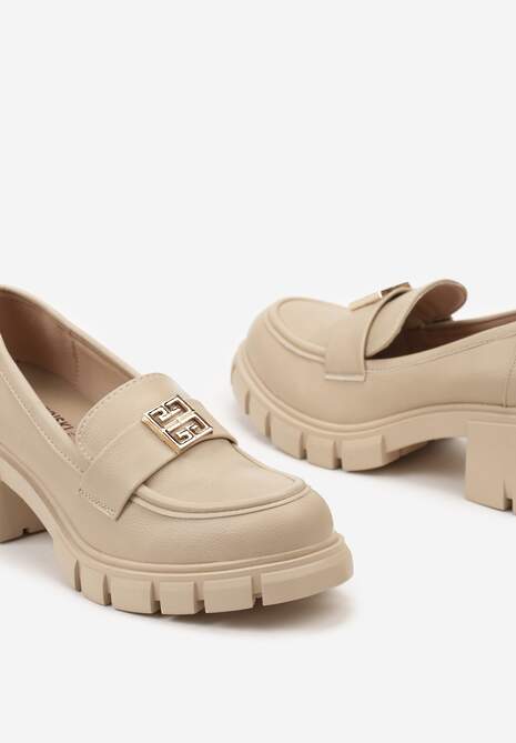 Beżowe Półbuty w Stylu Mokasynów Chunky z Ozdobną Klamerką i Skórzaną Wkładką Nubila