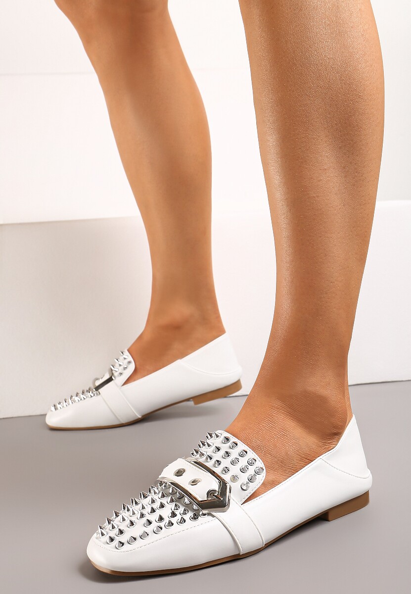 Czarne Płaskie Mokasyny Ozdobione Ćwiekami na Kwadratowym Nosku Rosagold