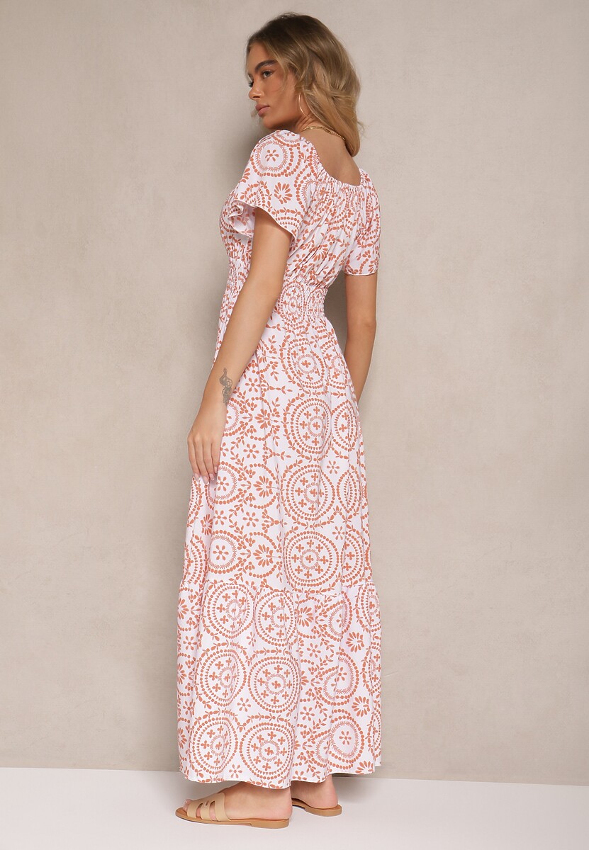 Biało-Pomarańczowa Sukienka o Rozkloszowanym Kroju z Bawełną w Abstrakcyjny Wzór Ldivena