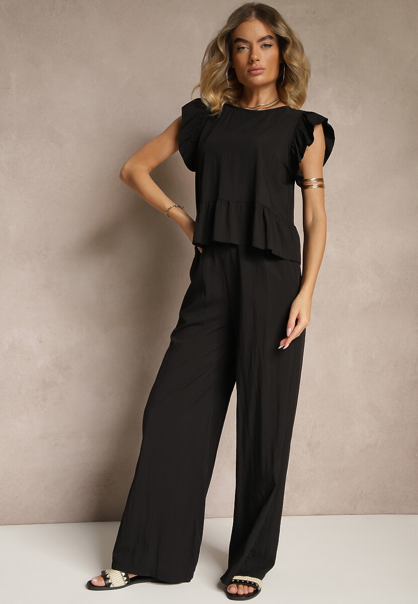 Czarny Komplet z Wiskozą Spodnie o Szerokim Kroju i Bluzka z Baskinką Evellimi