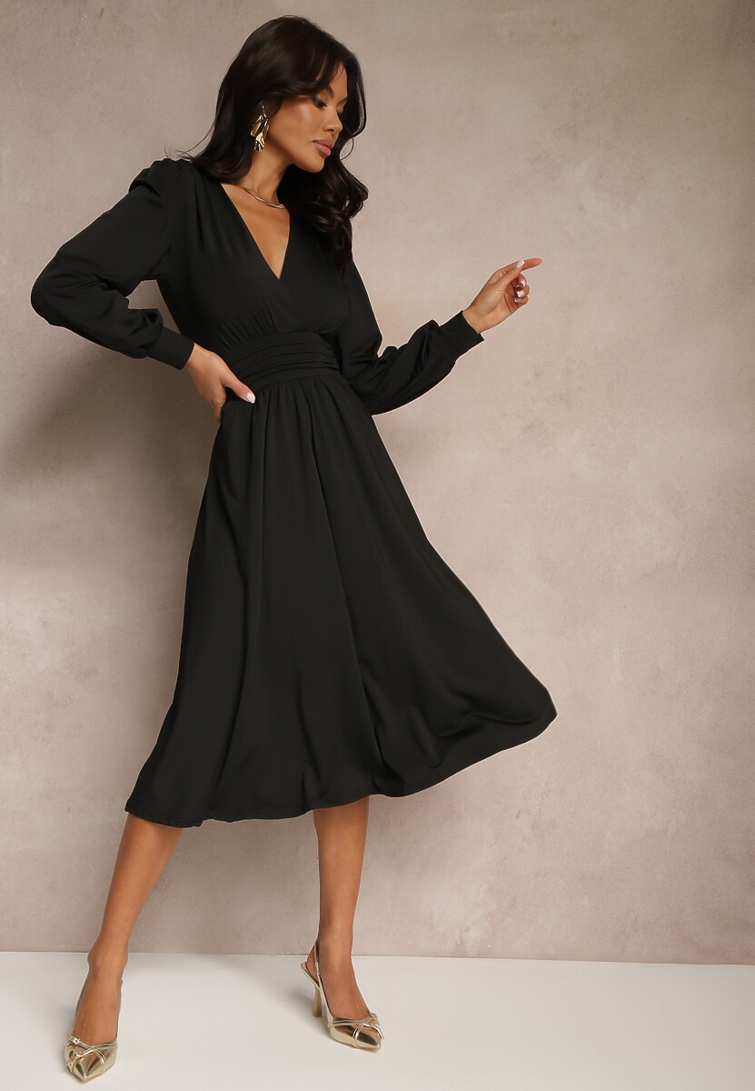 Czarna Sukienka z Wiskozą o Rozkloszowanym Kroju z Kopertową Górą Seliane