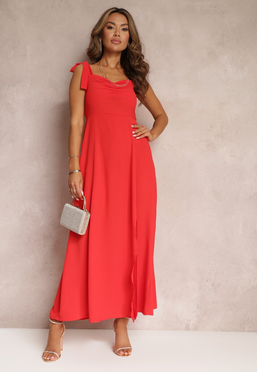 Czerwona Sukienka Rozkloszowana z Wiązanymi Ramiączkami i Wycięciem Argomeda