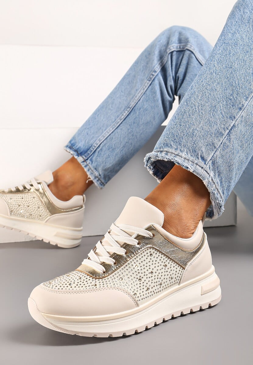 Białe Sznurowane Sneakersy z Ekoskóry z Cyrkoniami na Grubej Podeszwie Arpite