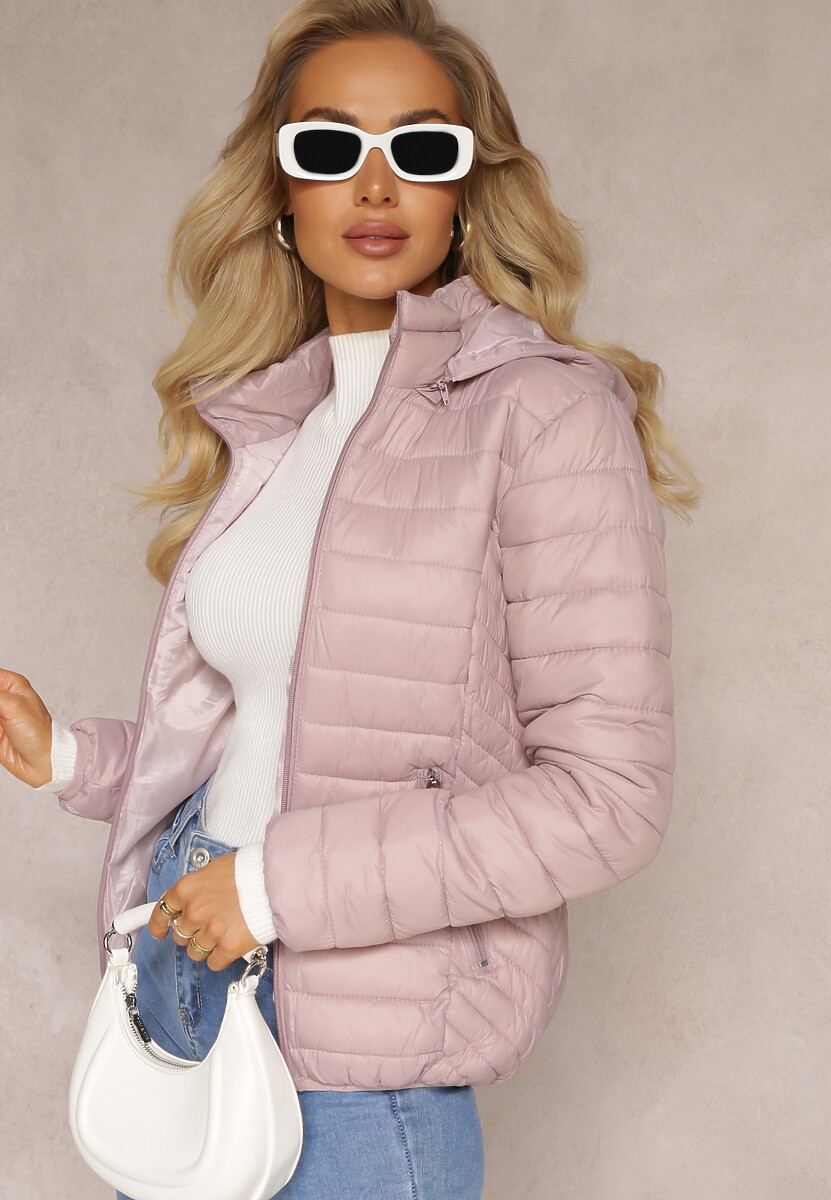 Różowa Pikowana Kurtka z Odpinanym Kapturem Sissata