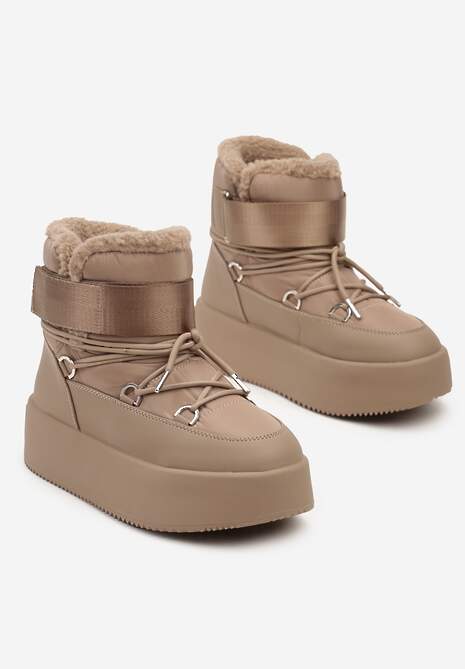 Ciemnobeżowe Śniegowce na Wysokiej Platformie z Futerkiem i Zapięciem na Rzep Norielia