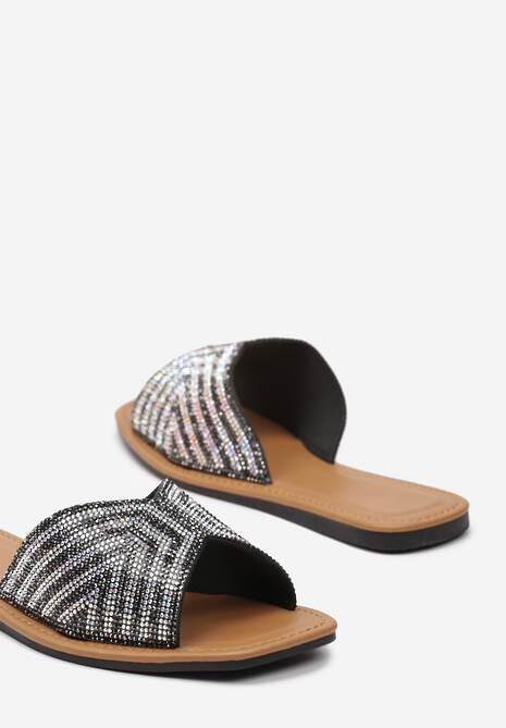 Czarne Klapki z Ekoskóry Zdobione Cyrkoniami Marisanda