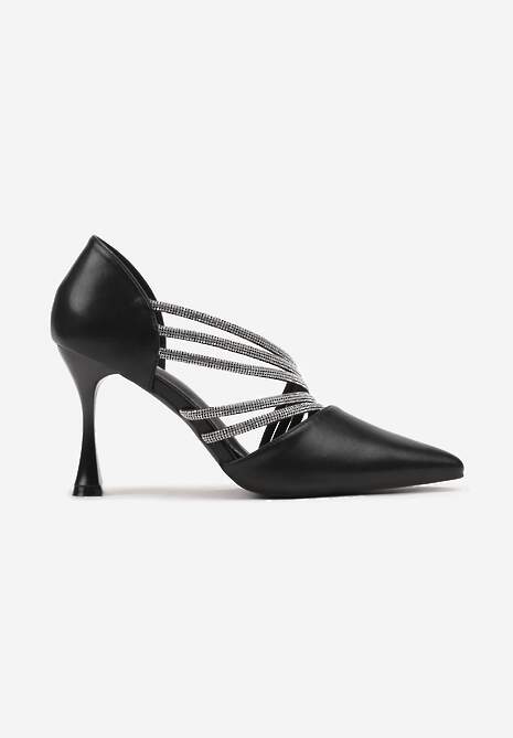 Czarne Szpilki w Eleganckim Stylu Ozdobione Paskami z Cyrkonii Ettaisa