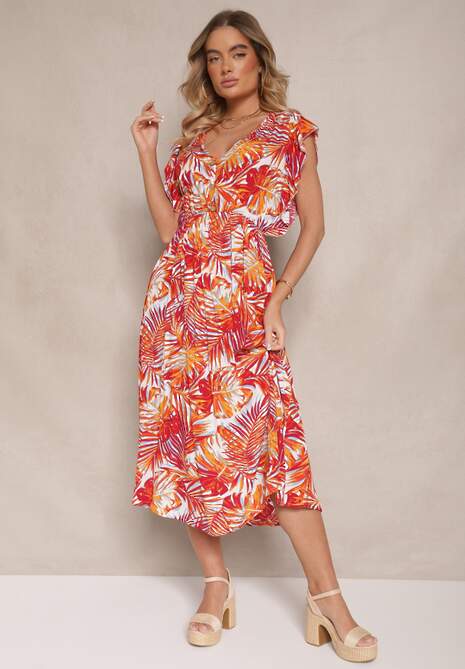 Pomarańczowa Sukienka o Rozkloszowanym Fasonie z Bawełny w Liście Lanadena
