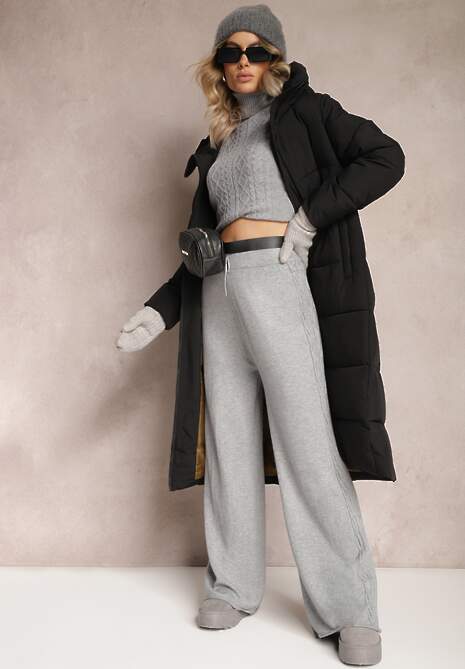 Czarna Długa Kurtka Płaszcz z Pikowaniem oraz Kapturem Madirre