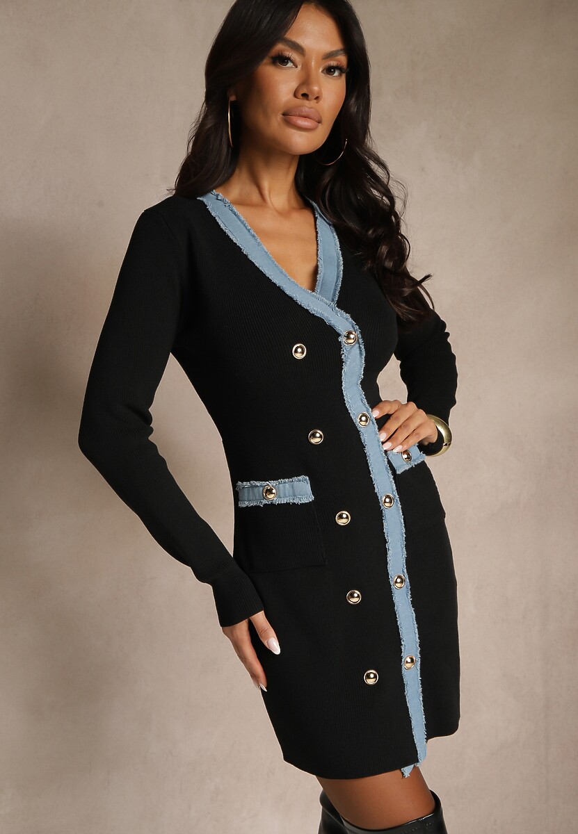 Czarna Dopasowana Sukienka Retro z Dzianiny z Wiskozą Zdobiona Napami Teremena