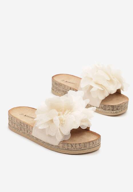 Beżowe Klapki Zdobione Aplikacją z Imitacją Kwiatów Tanaretia
