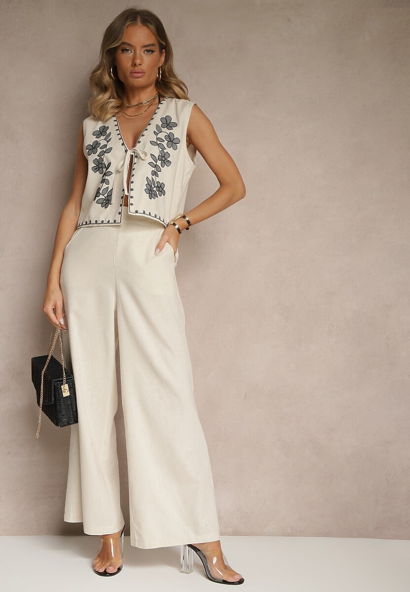 Beżowy Komplet z Bawełny Spodnie o Szerokim Kroju i Haftowana Kamizelka Ralissele