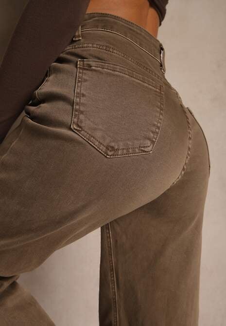 Brązowe Szerokie Jeansy High Waist z Bawełny Amendrie