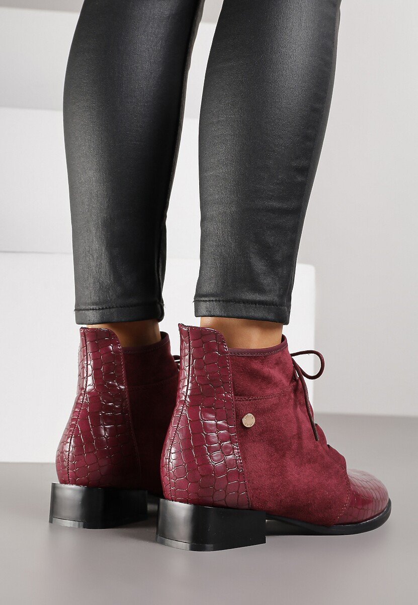 Bordowe Sznurowane Botki do Kostki Vices Zdobione Tłoczeniem Skóry Węża Wedvire