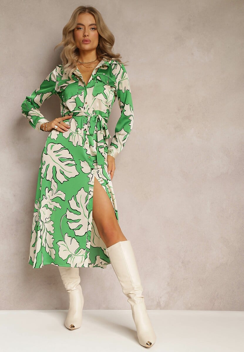 Zielona Sukienka Koszulowa z Wiązanym Paskiem Rume