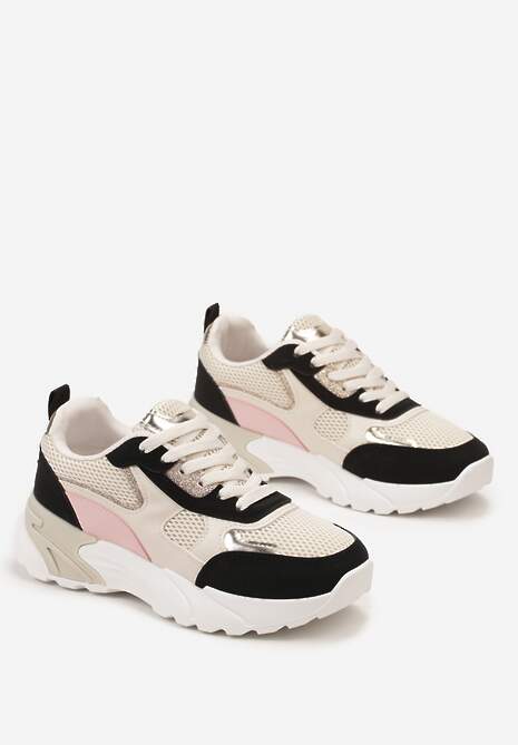 Beżowo-Czarne Sneakersy z Metalicznymi i Siateczkowymi Wstawkami Efalia