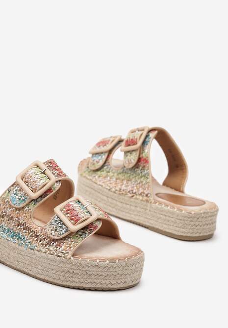 Beżowo-Różowe Płaskie Klapki Ozdobione Plecionką z Regulowanymi Paskami i Sprzączkami Yannia