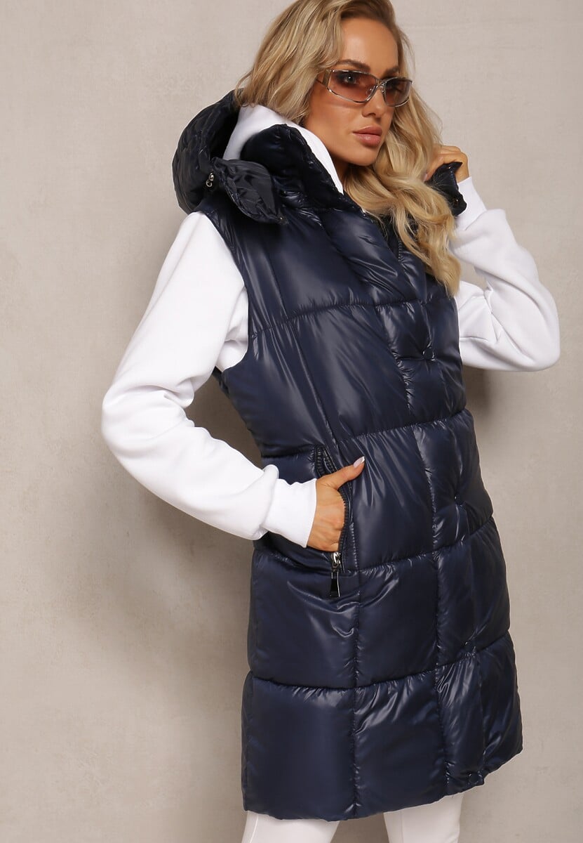 Granatowa Pikowana Kamizelka z Zasuwanymi Kieszeniami i Odpinanym Kapturem Cianefela