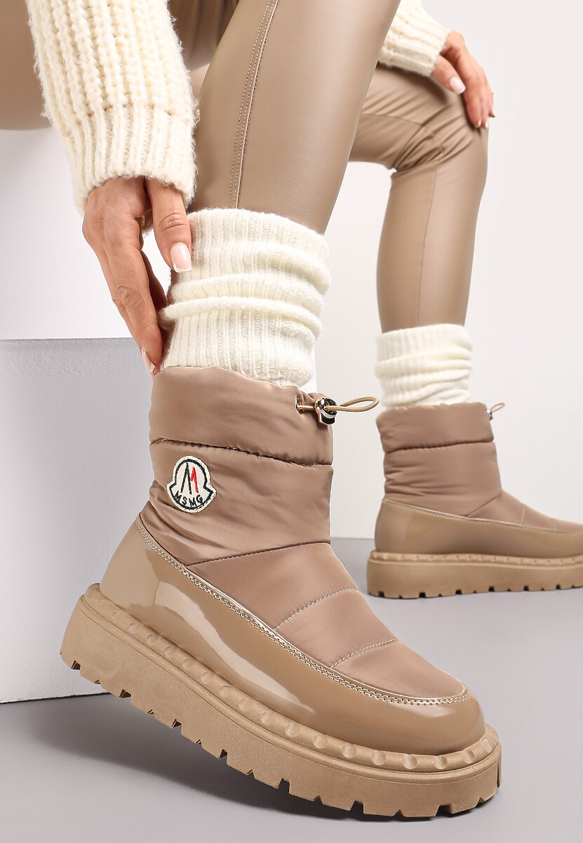 Jasnobrązowe Krótkie Śniegowce na Platformie z Lakierowanymi Wstawkami Goddie