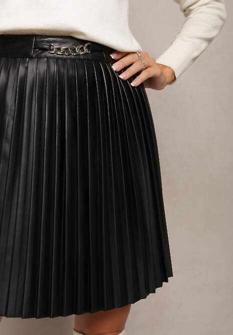 Czarna Plisowana Spódnica Mini z Imitacji Skóry Eshin