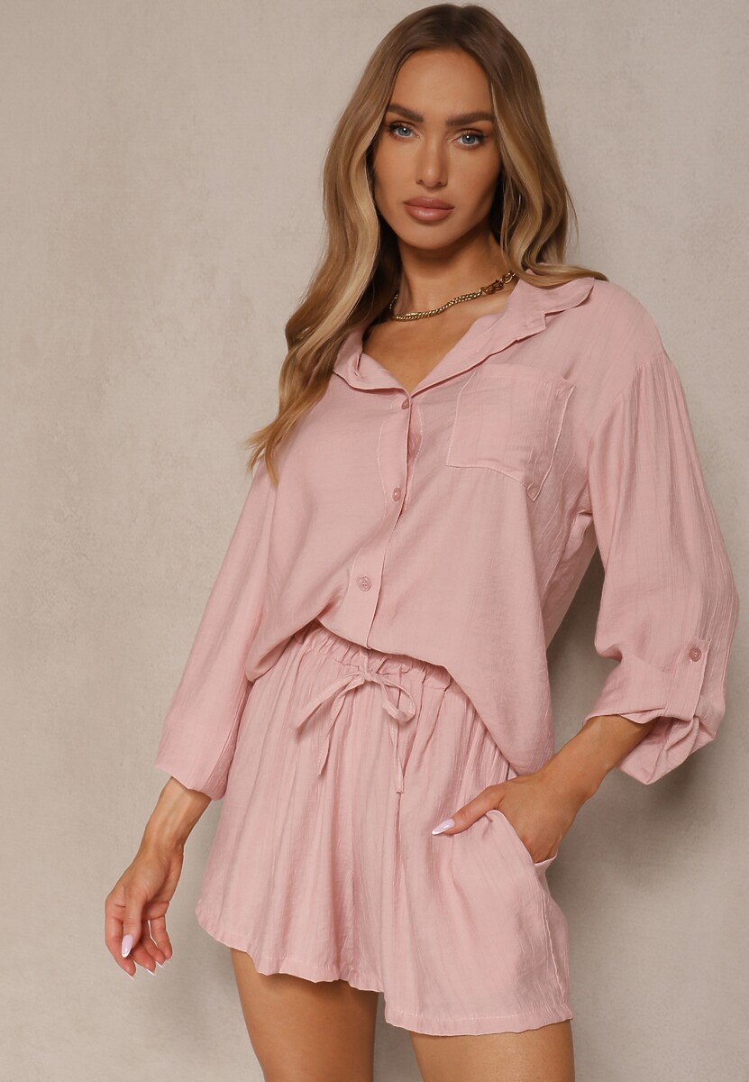 Różowy Wiskozowy Komplet Koszula i Szorty Luźne Efrone