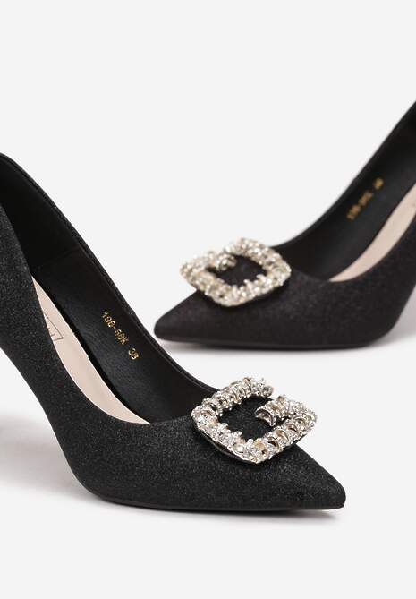 Czarne Szpilki Brokatowe ze Szpiczastym Noskiem i Cyrkoniami Feren