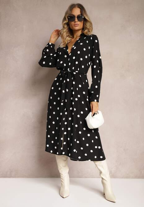 Czarna Wiskozowa Sukienka o Koszulowym Fasonie w Kropki z Paskiem i Kieszeniami Liliea