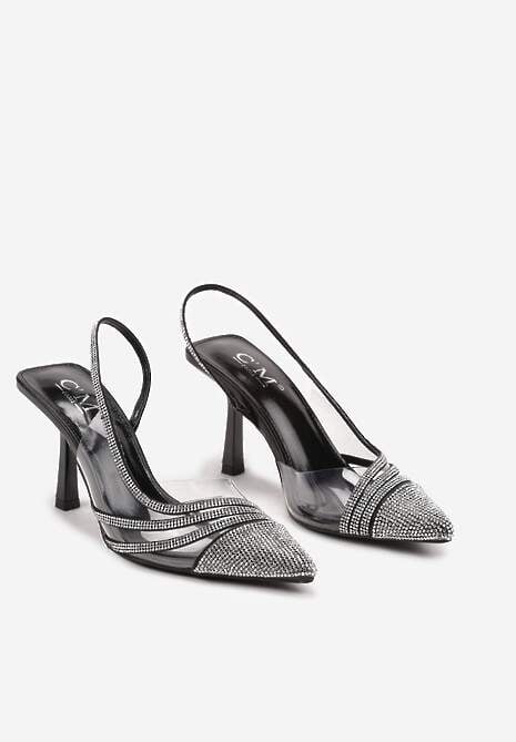 Czarne Transparentne Sandały na Szpilce z Błyszczącymi Cyrkoniami Ivelina