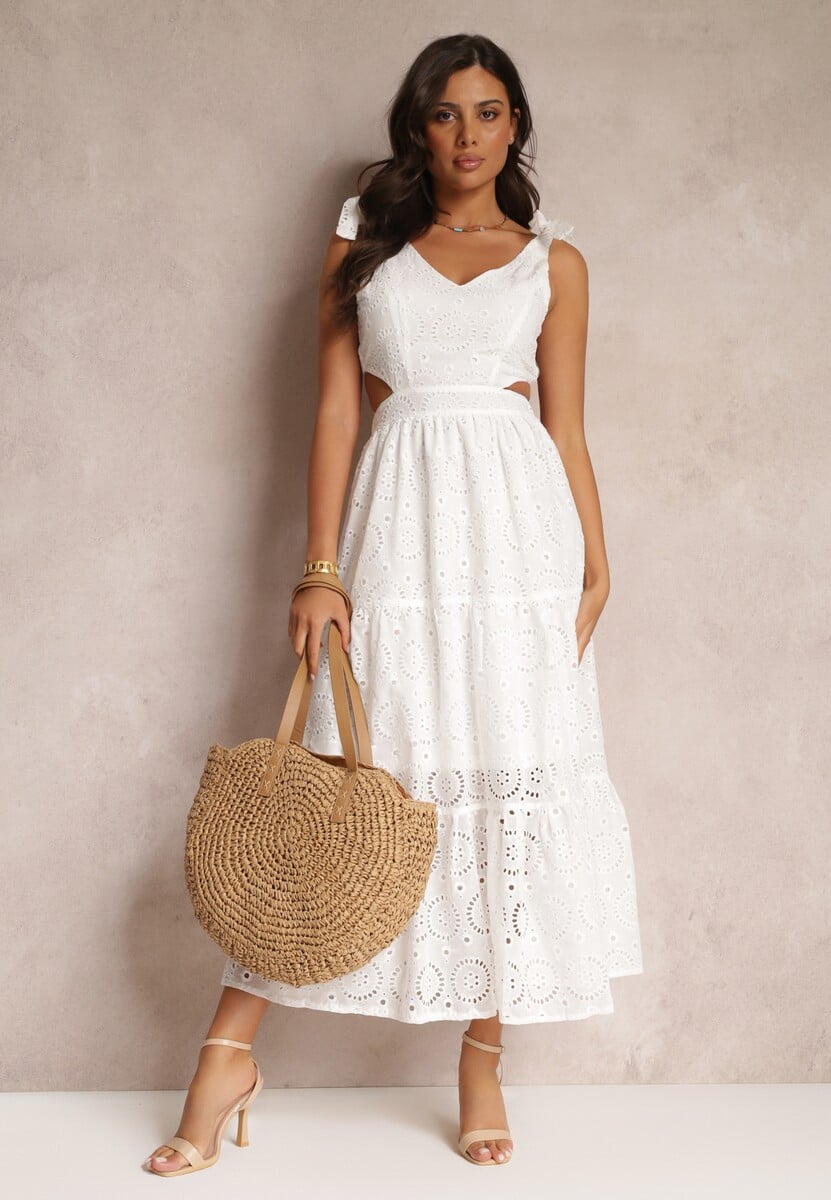 Biała Haftowana Sukienka Maxi na Ramiączkach z Wycięciami Nalila
