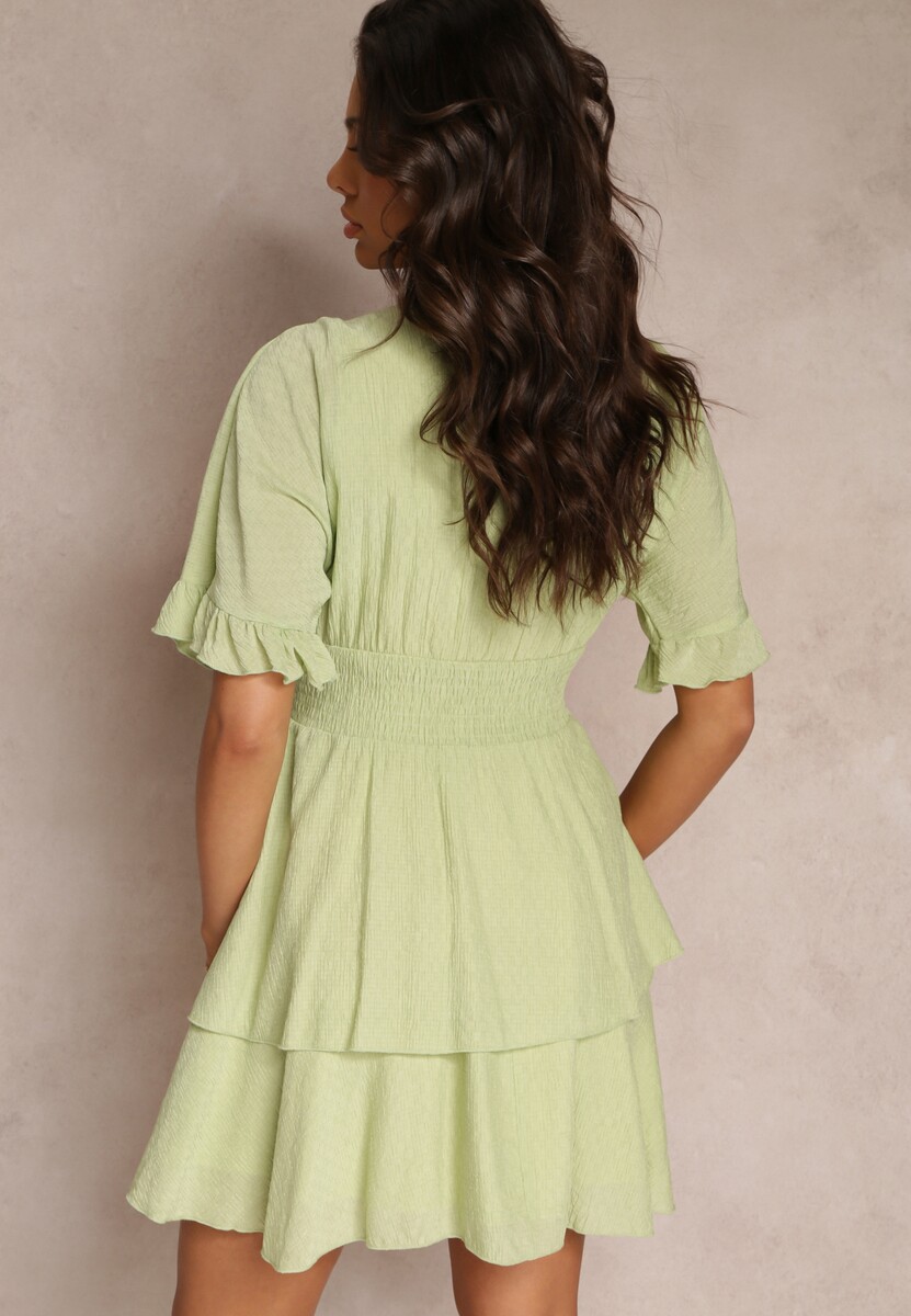 Zielona Zwiewna Sukienka Mini z Falbankami i Szeroką Gumką w Talii Olleanne