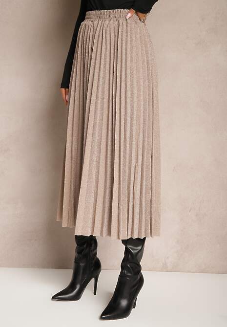 Beżowa Połyskująca Spódnica o Rozkloszowanym Kroju z Gumką w Pasie i Plisami Edalliana