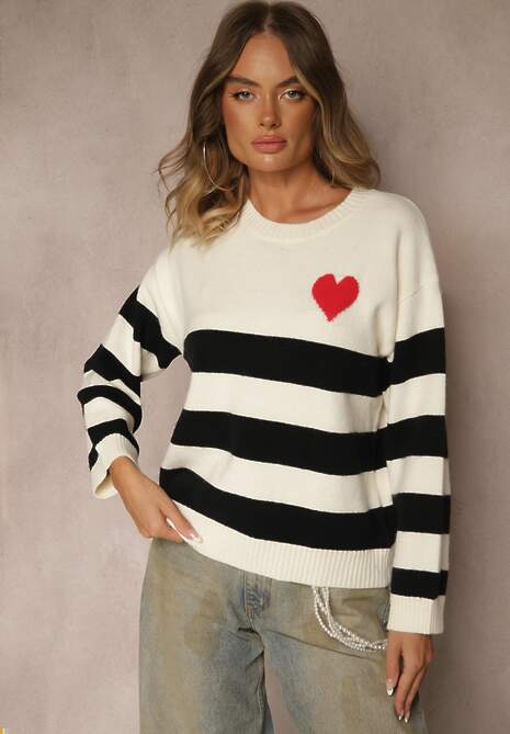 Jasnobeżowy Prosty Sweter z Domieszką Kaszmiru Zdobiony Wzorem w Pasy Tarvane