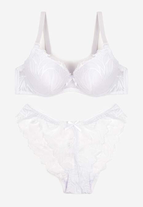 Biały Komplet z Koronki Majtki Ozdobione Kokardą Biustonosz na Regulowanych Ramiączkach Arfiana